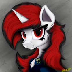Size: 4000x4000 | Tagged: safe, artist:ser-p, oc, oc only, oc:blackjack, pony, unicorn, fallout equestria, fallout equestria: project horizons, absurd resolution, big mane, black and red mane, bust, chest fluff, clothes, ear fluff, eyelashes, female, horn, jumpsuit, looking at you, mare, portrait, red eyes, smiling, smiling at you, solo, unicorn oc, vault suit, white coat