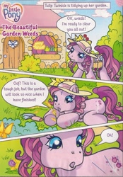 Size: 1280x1843 | Tagged: safe, artist:heckyeahponyscans, official comic, tulip twinkle, butterfly, comic:the beautiful garden weeds, g3, official, bow, flower, garden, gardening, hat, house, the beautiful garden weeds, weeds