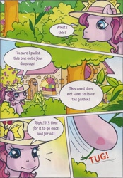 Size: 1280x1843 | Tagged: safe, artist:heckyeahponyscans, official comic, tulip twinkle, comic:the beautiful garden weeds, g3, official, bow, determined, flower, garden, hat, house, the beautiful garden weeds, tugging, weeds