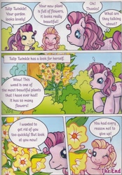 Size: 1280x1834 | Tagged: safe, artist:heckyeahponyscans, official comic, cupcake (g3), royal bouquet, tulip twinkle, g3, official, bow, garden, hair bow, hoof heart, one eye closed, surprised, the beautiful garden weeds, weeds, wink