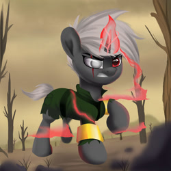 Size: 1280x1280 | Tagged: safe, artist:joaothejohn, oc, oc only, oc:hunter, pony, unicorn, fallout equestria, angry, blind eye, desert, fallout, horn, jewelry, magic, ring, rock, running, scar, solo, tree, unicorn oc