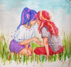 Size: 3196x3000 | Tagged: safe, artist:elisdoominika, sci-twi, sunset shimmer, twilight sparkle, human, equestria girls, blouse, blue sky, clothes, couple, female, grass, holding hands, lesbian, looking at each other, painting, pants, ponytail, scitwishimmer, shipping, shirt, sitting, skirt, smiling, smiling at each other, sunsetsparkle, t-shirt, traditional art, watercolor painting
