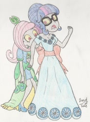 Size: 1036x1400 | Tagged: safe, artist:bageloftime, fluttershy, sci-twi, twilight sparkle, alicorn, undead, zombie, equestria girls, g4, biting, clothes, dress, duo, gala dress, gown, humanized, infected, long dress, long skirt, skirt, traditional art, twilight sparkle (alicorn)
