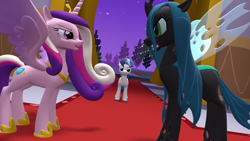 Size: 3413x1920 | Tagged: safe, artist:westrail642fan, princess cadance, queen chrysalis, shining armor, alicorn, changeling, pony, unicorn, canterlot wedding 10th anniversary, g4, 3d, canterlot castle, concave belly, slender, source filmmaker, thin