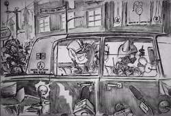Size: 2418x1649 | Tagged: safe, artist:china consists of them!, rarity, fallout equestria, g4, car, monochrome, police
