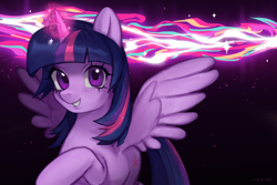Size: 6000x4000 | Tagged: safe, artist:oops pio, twilight sparkle, alicorn, pony, g4, black background, cute, female, halfbody, happy, horn, mare, simple background, solo, twilight sparkle (alicorn), wallpaper, wings