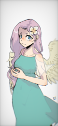 Size: 1170x2532 | Tagged: safe, artist:metaruscarlet, fluttershy, human, g4, blushing, clothes, cute, dress, female, flower, flower in hair, humanized, shyabetes, simple background, solo, white background, winged humanization, wings