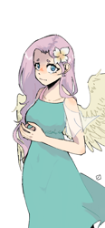 Size: 1170x2532 | Tagged: safe, alternate version, artist:metaruscarlet, fluttershy, human, g4, blushing, clothes, cute, dress, female, flower, flower in hair, humanized, shyabetes, simple background, solo, white background, winged humanization, wings
