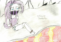 Size: 1280x885 | Tagged: safe, artist:bluesplendont, rarity, human, equestria girls, g4, abuse, arm behind back, bondage, bound and gagged, cloth gag, damsel in distress, gag, go to sleep zesty, help, help me, lava, peril, raribuse, scared, solo, tied up, traditional art, volcano, worried