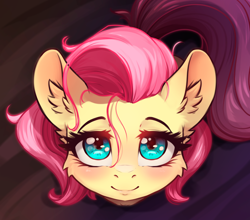 Size: 3524x3102 | Tagged: safe, artist:alcor, fluttershy, pegasus, pony, g4, blushing, bust, cute, female, high res, looking at you, looking up, looking up at you, mare, shyabetes, sitting, smiling, smiling at you, solo