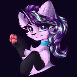 Size: 3000x3000 | Tagged: safe, artist:jsunlight, starlight glimmer, pony, unicorn, collaboration:choose your starlight, g4, animal costume, black background, black socks, cat costume, chest fluff, choker, clothes, collaboration, costume, ear fluff, high res, looking at you, paw pads, paw socks, paws, simple background, socks, solo