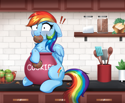 Size: 4000x3298 | Tagged: safe, artist:confetticakez, rainbow dash, pegasus, pony, g4, !!!, apple, blushing, caught, chest fluff, cookie, cookie jar, cookie thief, cute, dashabetes, eating, exclamation point, female, floppy ears, food, high res, jar, kitchen, looking at you, mare, pinpoint eyes, salt, solo, spatula, spoon, thief