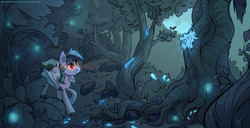 Size: 4000x2053 | Tagged: safe, artist:yarugreat, oc, oc only, oc:scrimmy, bat pony, pony, bat pony oc, commission, forest, heterochromia, jungle, night, smiling, solo