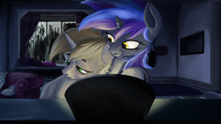 Size: 2560x1440 | Tagged: safe, artist:aaronmk, oc, oc:homage, oc:littlepip, fallout equestria, alternate universe of an alternate universe, couch, female, interior, lesbian, mirror, night, oc x oc, pipmage, rain, shipping, tired, window