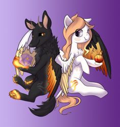 Size: 900x952 | Tagged: safe, artist:hirundoarvensis, oc, oc:arvensis, oc:othorion, dog, pegasus, pony, wolf, couple, dice, female, horns, male, paw pads, potion, winged dog, wings