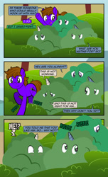 Size: 1920x3168 | Tagged: safe, artist:alexdti, oc, oc only, oc:brainstorm (alexdti), oc:star logic, earth pony, pony, unicorn, comic:quest for friendship, blushing, bush, comic, crying, dialogue, earth pony oc, high res, hooves, horn, looking at each other, looking at someone, looking away, male, onomatopoeia, open mouth, outdoors, raised eyebrow, raised hoof, shrunken pupils, smiling, speech bubble, stallion, unicorn oc, yelling