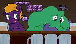 Size: 1920x1117 | Tagged: safe, artist:alexdti, oc, oc only, oc:dark purple, oc:purple creativity, pegasus, pony, comic:the dark purple, bush, dialogue, indoors, lidded eyes, male, one ear down, onomatopoeia, open mouth, open smile, pegasus oc, raised eyebrow, smiling, speech bubble, stallion