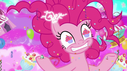 Size: 1280x720 | Tagged: safe, screencap, pinkie pie, earth pony, pony, g4, the ending of the end, bell, chaos pinkie, female, giant pony, grogar's bell, macro, mare, powered up, solo