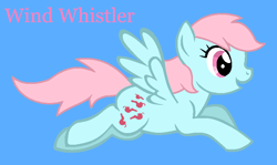 Size: 846x505 | Tagged: safe, artist:armoreddash, artist:jigglewiggleinthepigglywiggle, wind whistler, pegasus, pony, g1, g4, base used, blue background, cute, female, flying, full body, g1 to g4, generation leap, hooves, like rainbow dash, mare, open mouth, open smile, pink eyes, pink hair, pink mane, pink tail, pink text, simple background, smiling, solo, tail, text, whistlerbetes, wind whistler can fly