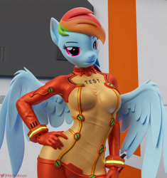 Size: 2160x2296 | Tagged: safe, artist:me0wanon, rainbow dash, pegasus, anthro, g4, 3d, blender, blender cycles, clothes, cosplay, costume, female, folded wings, form fitting, high res, looking at you, neon genesis evangelion, plugsuit, rebuild of evangelion, revamped anthros, sexy, shikinami asuka langley, solo, souryuu asuka langley, stupid sexy rainbow dash, wings