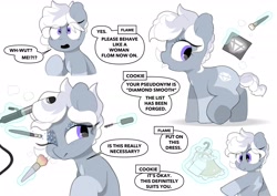 Size: 3035x2150 | Tagged: safe, alternate version, artist:mochi_nation, oc, oc only, oc:silver bolt, earth pony, pony, clothes, comic, curling iron, dialogue, dress, english, engrish, eyeshadow, fake cutie mark, female, high res, makeup, mare, offscreen character, simple background, solo, translation, white background