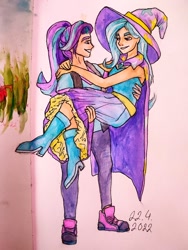 Size: 960x1280 | Tagged: safe, artist:elisdoominika, starlight glimmer, trixie, human, equestria girls, g4, arms around neck, belt, boots, bridal carry, cape, carrying, clothes, couple, dress, hat, humanized, looking at each other, looking at someone, pants, shirt, shoes, smiling, smiling at each other, smirk, sneakers, t-shirt, traditional art, trixie's cape, trixie's hat, watercolor painting