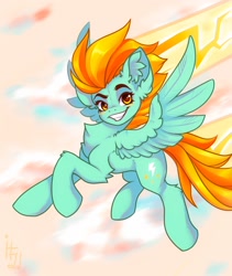 Size: 1600x1900 | Tagged: safe, artist:falafeljake, lightning dust, pegasus, pony, g4, blushing, ear fluff, eyelashes, female, leg fluff, looking at you, mare, smiling, solo, spread wings, tail, wings