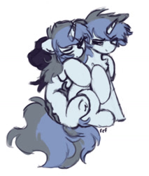 Size: 1092x1282 | Tagged: safe, artist:flixanoa, oc, oc:fef, oc:felicienne, horse, pony, unicorn, blue, bow, doodle, duo, eye clipping through hair, female, genderfluid, hair bow, hug, male, mare, maybe, rule 63, sad, simple background, sketch, snuggling, stallion, white background