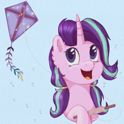 Size: 3000x3000 | Tagged: safe, artist:0okami-0ni, starlight glimmer, pony, unicorn, g4, cute, dandelion, female, glimmerbetes, high res, kite, kite flying, mare, open mouth, open smile, signature, smiling, solo, that pony sure does love kites