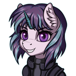 Size: 2000x2000 | Tagged: safe, artist:eltaile, starlight glimmer, pony, unicorn, collaboration:choose your starlight, alternate hairstyle, bust, clothes, collaboration, cosplay, costume, crossover, cyberpunk, ear fluff, female, ghost in the shell, mare, motoko kusanagi, portrait, simple background, smiling, solo, transparent background