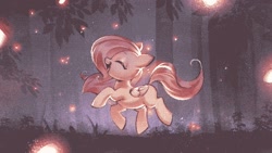 Size: 1647x927 | Tagged: safe, alternate version, artist:mirroredsea, fluttershy, firefly (insect), insect, pegasus, pony, g4, cute, eyes closed, female, filly, filly fluttershy, foal, folded wings, forest, night, open mouth, outdoors, pixel art, prancing, profile, scenery, shyabetes, smiling, solo, tree, wings, younger