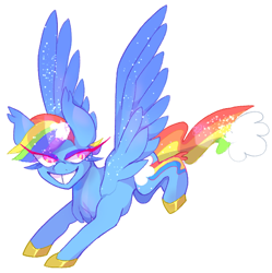 Size: 626x628 | Tagged: safe, artist:beebee, rainbow dash, pegasus, pony, g4, alternate design, colored hooves, eye clipping through hair, flying, gold hooves, grin, hooves, simple background, smiling, solo, spread wings, white background, wings
