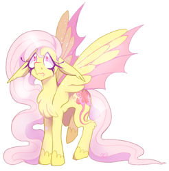 Size: 640x651 | Tagged: safe, artist:beebee, fluttershy, bat pony, pegasus, pony, g4, alternate design, bat ponified, chest fluff, fangs, female, floppy ears, flutterbat, hybrid wings, mare, race swap, simple background, solo, white background, wings