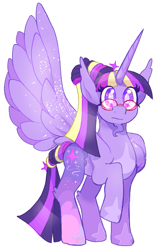 Size: 545x825 | Tagged: safe, artist:beebee, twilight sparkle, alicorn, pony, g4, alternate design, facial hair, female, glasses, goatee, mare, one wing out, raised hoof, simple background, solo, twilight sparkle (alicorn), white background, wings
