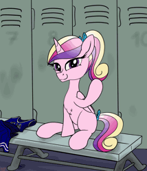 Size: 3600x4200 | Tagged: safe, artist:littlenaughtypony, princess cadance, alicorn, pony, canterlot wedding 10th anniversary, g4, animated, bench, cheerleader, cheerleader outfit, clothes, female, folded wings, locker room, looking at you, mare, one eye closed, ponytail, sitting, smiling, solo, teen princess cadance, wings, wink, winking at you