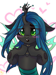 Size: 1200x1600 | Tagged: source needed, safe, artist:falafeljake, queen chrysalis, changeling, changeling queen, canterlot wedding 10th anniversary, g4, blushing, crown, cute, cutealis, eye clipping through hair, fangs, female, fingers together, floppy ears, heart, hooves together, insect wings, jewelry, looking at you, mare, regalia, shy, simple background, solo, spread wings, weapons-grade cute, white background, wings