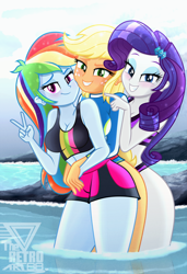 Size: 1488x2170 | Tagged: safe, artist:theretroart88, applejack, rainbow dash, rarity, human, equestria girls, equestria girls specials, g4, my little pony equestria girls: better together, my little pony equestria girls: forgotten friendship, beach shorts swimsuit, blushing, breasts, busty applejack, busty rainbow dash, busty rarity, clothes, eyeshadow, female, grin, hug, hug from behind, legs, lesbian, looking at you, makeup, partially submerged, peace sign, polyamory, rainbow dash's beach shorts swimsuit, rarijackdash, rarity's beach shorts swimsuit, sexy, shipping, smiling, smiling at you, standing in water, stupid sexy applejack, stupid sexy rainbow dash, stupid sexy rarity, swimsuit, trio, trio female, water