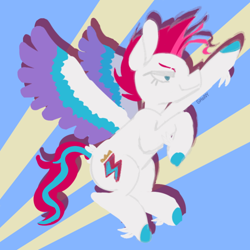 Size: 640x640 | Tagged: safe, artist:shiiiny, zipp storm, pegasus, pony, g5, abstract background, colored hooves, colored wings, digital art, dock, eyebrow slit, eyebrows, feathered fetlocks, female, floating, flying, mare, narrowed eyes, solo, spread wings, tail, tail feathers, wings