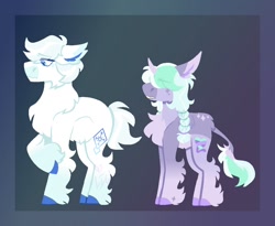 Size: 1100x900 | Tagged: safe, artist:lepz_weird, double diamond, oc, oc:night glaze, earth pony, pony, unicorn, g4, chest fluff, duo, female, hair over eyes, male, mare, offspring, parent:double diamond, parent:starlight glimmer, parents:glimmerdiamond, stallion