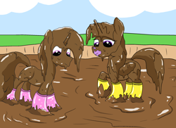Size: 2200x1600 | Tagged: safe, artist:amateur-draw, twilight sparkle, oc, oc:belle boue, alicorn, pony, unicorn, g4, boots, covered in mud, female, male, mare, mud, mud bath, mud play, mud pony, muddy, rain boots, request, requested art, shoes, simple background, stallion, twilight sparkle (alicorn), wellies, wet and messy
