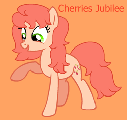 Size: 946x889 | Tagged: safe, artist:jigglewiggleinthepigglywiggle, artist:twilightsparkle44444, cherries jubilee, earth pony, pony, g1, g4, base used, cherries cuteilee, cute, female, full body, g1 to g4, generation leap, hooves, mare, open mouth, open smile, orange background, orange text, raised arm, raised hoof, raised leg, show accurate, simple background, smiling, solo, tail, text