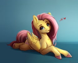 Size: 3336x2716 | Tagged: safe, artist:miokomata, fluttershy, pegasus, pony, g4, cute, eyeshadow, female, freckles, freckleshy, heart, high res, lying down, makeup, mare, open mouth, open smile, prone, shyabetes, smiling, solo, talking to viewer