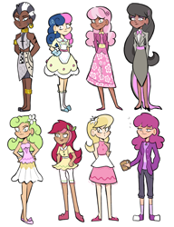 Size: 3637x4736 | Tagged: safe, artist:charrlll, berry punch, berryshine, bon bon, cheerilee, daisy, flower wishes, lily, lily valley, octavia melody, roseluck, sweetie drops, zecora, human, g4, alcohol, bare shoulders, belt, bowtie, bracelet, choker, clothes, coat, converse, dark skin, dress, drunk, ear piercing, earring, eyeshadow, female, flats, flower, flower in hair, flower trio, humanized, jeans, jewelry, makeup, mug, neck rings, oven mitts, pants, piercing, shoes, shorts, simple background, skirt, sleeveless, socks, tattoo, v, white background