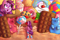 Size: 1280x853 | Tagged: safe, artist:butterball451, part of a set, oc, oc only, pegasus, pony, cake, candy, chocolate, clothes, commission, cupcake, donut, food, freckles, heart eyes, lollipop, not twilight sparkle, open mouth, part of a series, pride, pride flag, pride socks, socks, solo, striped socks, this will end in weight gain, transgender pride flag, weight gain sequence, wingding eyes