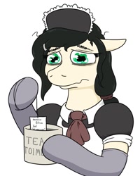 Size: 847x1058 | Tagged: safe, artist:jargon scott, oc, oc only, oc:floor bored, earth pony, pony, bust, clothes, do not eat, female, floppy ears, hoof hold, maid, mare, mug, sad, silica gel, simple background, solo, this will end in death, wavy mouth, white background