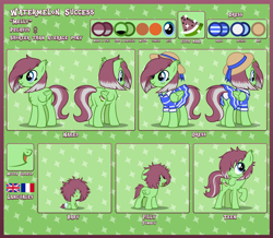 Size: 8389x7323 | Tagged: safe, artist:lightning stripe, derpibooru exclusive, oc, oc only, oc:watermelon success, pegasus, pony, 2021, :p, absurd resolution, blue eyes, bobcut, butt, chest fluff, clothes, collar, commission, covered eyes, cute, cutie mark, diaper, dress, ear fluff, female, female symbol, filly, floppy ears, foal, folded wings, freckles, french flag, front view, green background, hair over eyes, hair over one eye, hat, mare, messy mane, ocbetes, open mouth, panties, patterned background, pegasus oc, plot, raised hoof, rear view, red mane, reference sheet, ribbon, show accurate, simple background, sitting, skirt, smiling, solo, tail, technically an upskirt shot, teenager, text, three quarter view, tomboy, tongue out, tooth gap, two toned mane, two toned tail, underwear, union flag, union jack, upskirt, vector, white underwear, wings