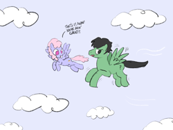 Size: 2732x2048 | Tagged: safe, artist:rawtszy, rainbowshine, oc, oc:anon, oc:anon stallion, pegasus, pony, g4, anon in equestria, anonymous, background pony, caption, cloud, flying, high res, learning to fly, post-transformation, scared, sky, text, transformation