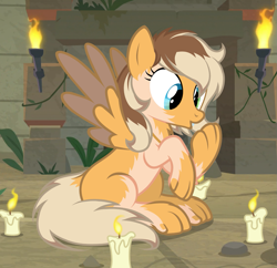 Size: 1361x1315 | Tagged: safe, artist:anonymous, oc, oc only, oc:maya, pegasus, pony, /ptfg/, candle, colored wings, colored wingtips, female, human to pony, mare, mid-transformation, show accurate, solo, spread wings, transformation, wings