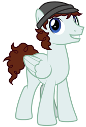 Size: 785x1163 | Tagged: safe, artist:lightning stripe, oc, oc:skelter wind, pegasus, pony, g4, blue eyes, brown mane, brown tail, commission, curly hair, grin, hat, male, show accurate, simple background, smiling, solo, stallion, tail, transparent background, vector, wings