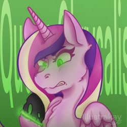 Size: 1080x1080 | Tagged: safe, artist:illustra_kay, princess cadance, queen chrysalis, canterlot wedding 10th anniversary, g4, disguise, disguised changeling, fake cadance, glowing, glowing eyes, gritted teeth, solo, teeth, transformation